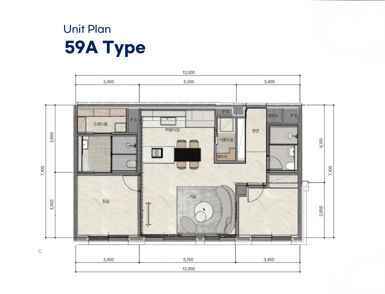 서초 PH1603 59A 평면도 — 전용 59.70㎡ · 3BAY 2BATH 1DRESS · 인테리어 업그레이드 사양